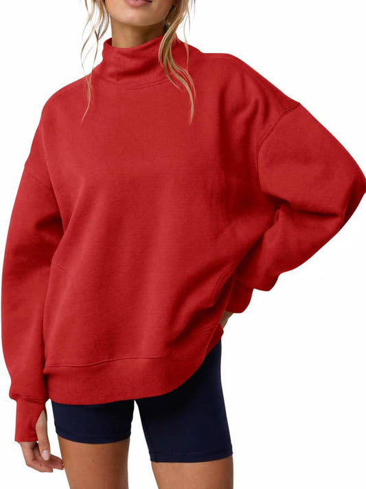 Mock Neck Oversized Women's Sweatshirt Solid Pullover Top