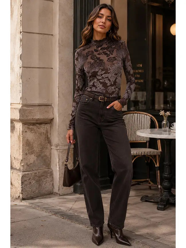 Floral Burnout Velvet Mock Neck Top