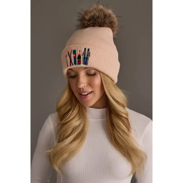 Ski Embroidered Knit Pom Hat