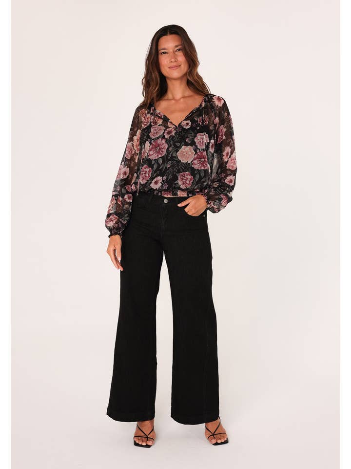 Sheer Floral Smocked Tie Neck Blouse