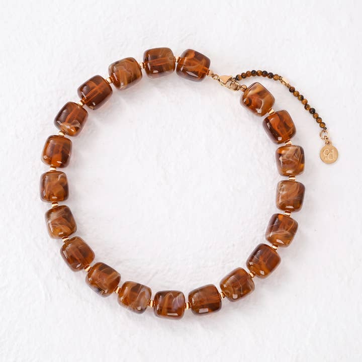 Chunky Square Bead Necklace - Brown