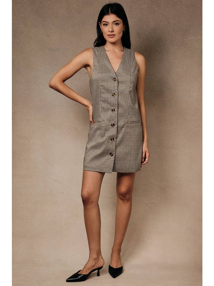 Tailored Houndstooth Button-Front V-Neck Mini Shift Dress