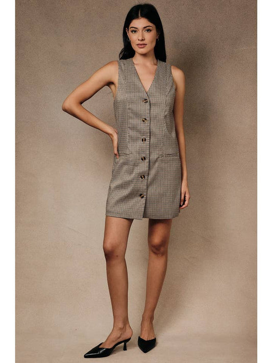 Tailored Houndstooth Button-Front V-Neck Mini Shift Dress