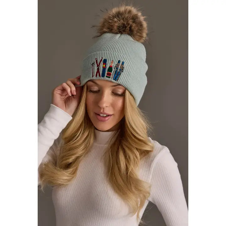 Ski Embroidered Knit Pom Hat