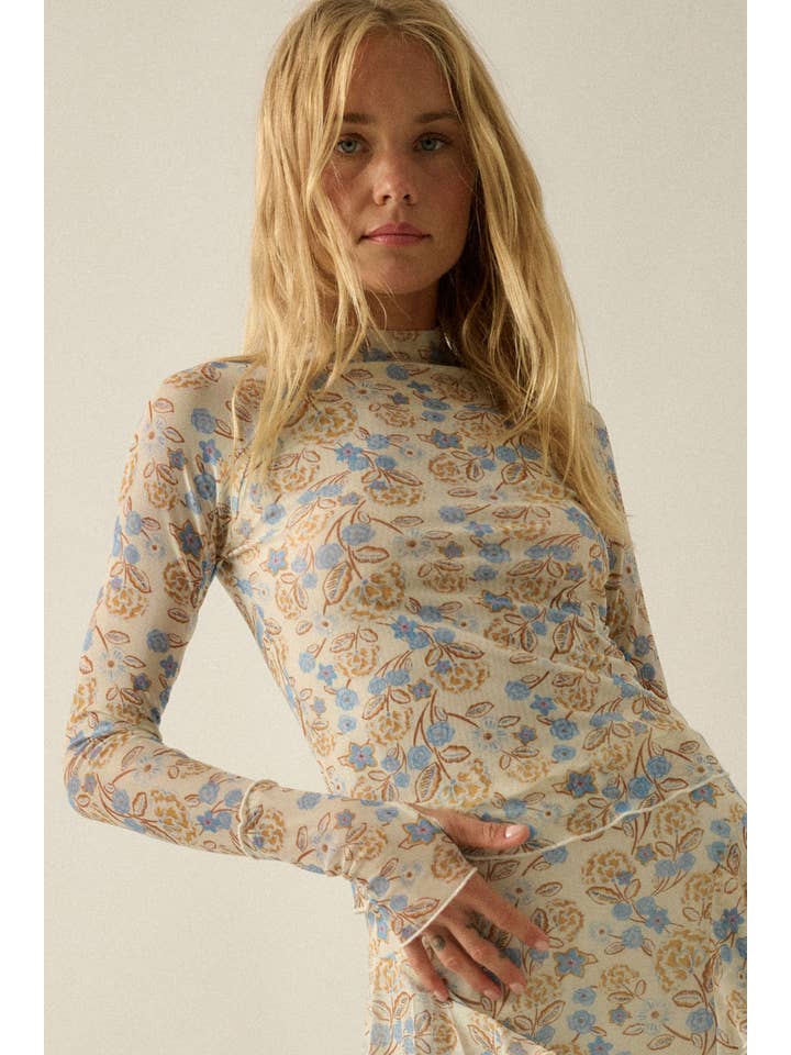 Floral Mesh Mock-Neck Long-Sleeve Thumbhole Top Cream/Blue