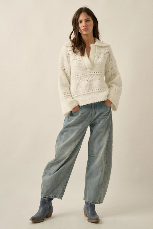 Fuzzy Pointelle Knit Collared Split-Neck Sweater Cream