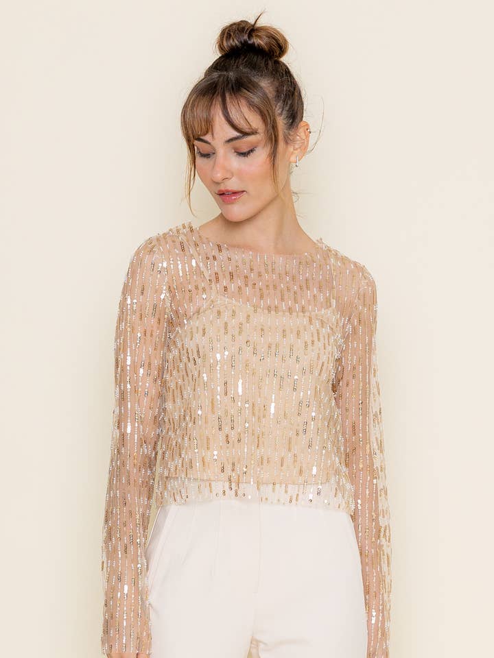 Chic Gold Intricate Beaded Mesh Long Sleeve Top