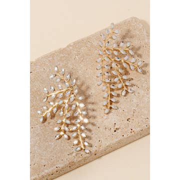 large Rhinestone Leaf Branch Stud Drop Earrings