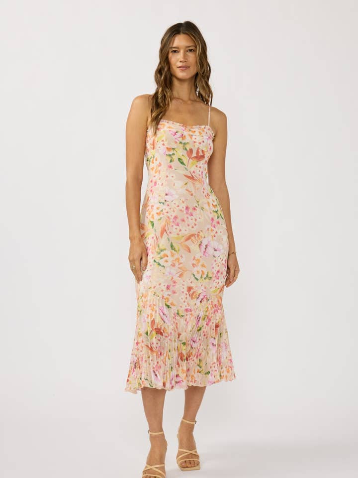 Spaghetti Strap Pleated Hem Floral Midi Dress
