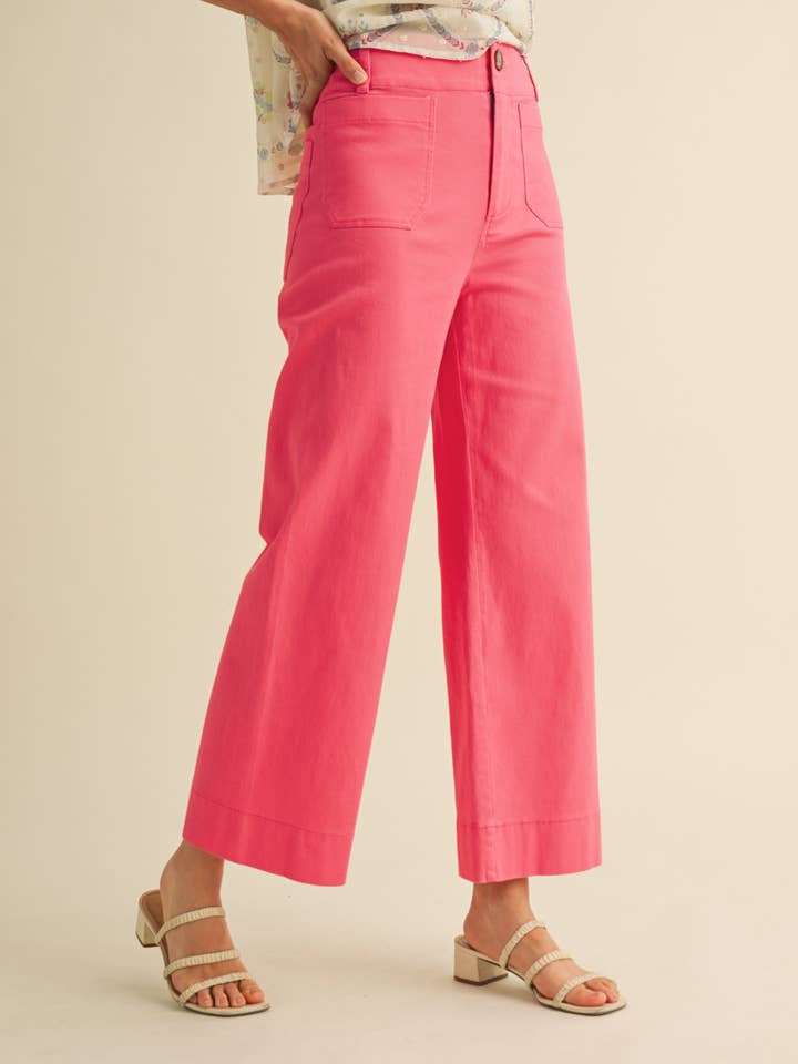 High Waist Cropped Wide Leg Pants - Berry Pink