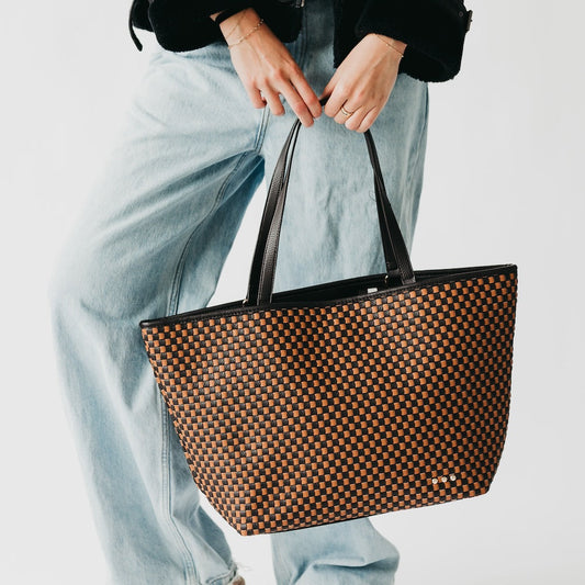 Woven Tiffany Organizer Tote Bag - Checkered Coffee