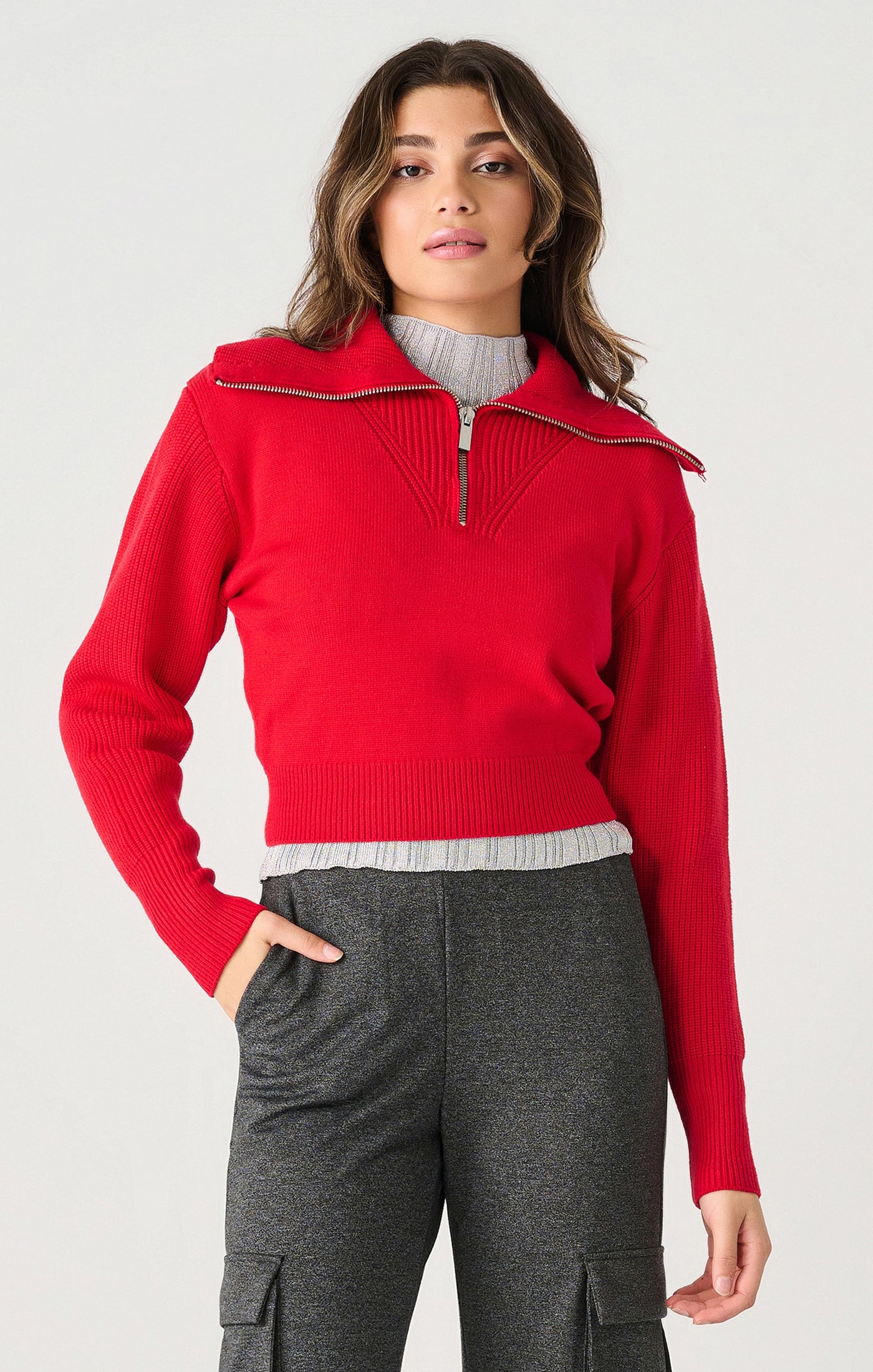 Long Sleeve Half Zip Textured Sweater - Cherry